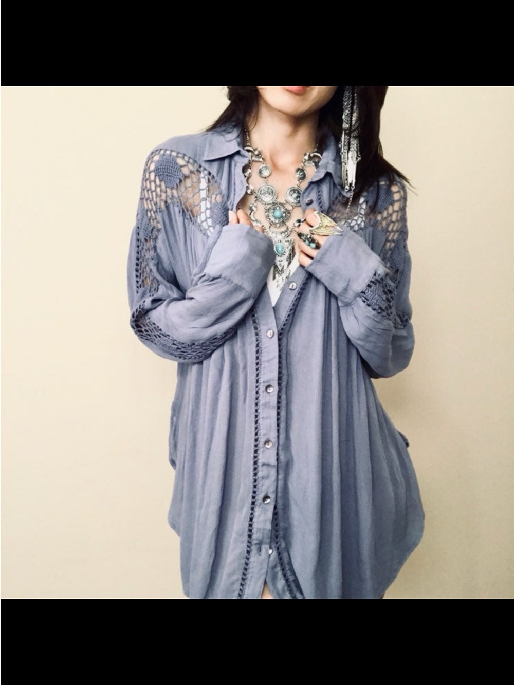 Free People Dusty Blue Crochet Yoke Button-Down Shirt